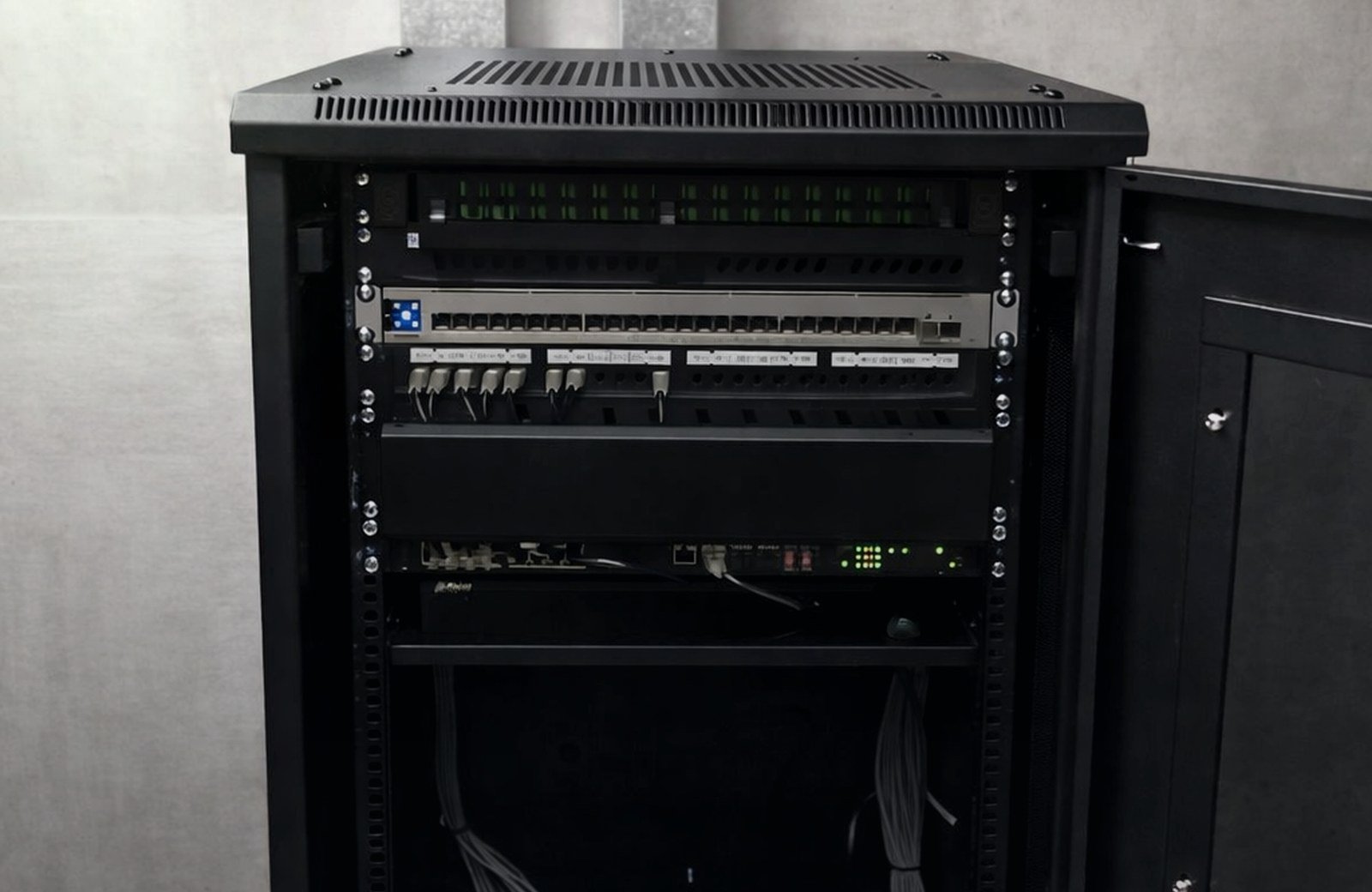Rack de comunicaciones con cableado y equipamiento de red